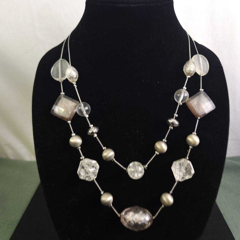 NY Long Chunky Necklace Silver Tone Large Clear/Silver Acrylic Beads Chic Modern